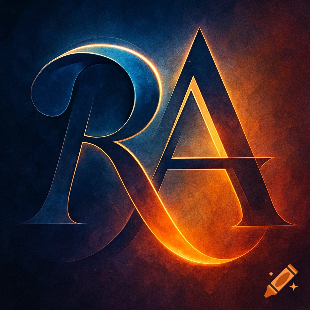 Stylized glowing letters R and A intertwined against a dark, textured background with blue and orange light.