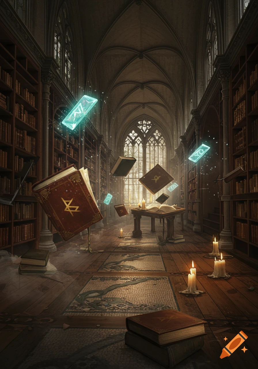 A magical gothic library with floating books, glowing runes, and candles on a wooden floor.