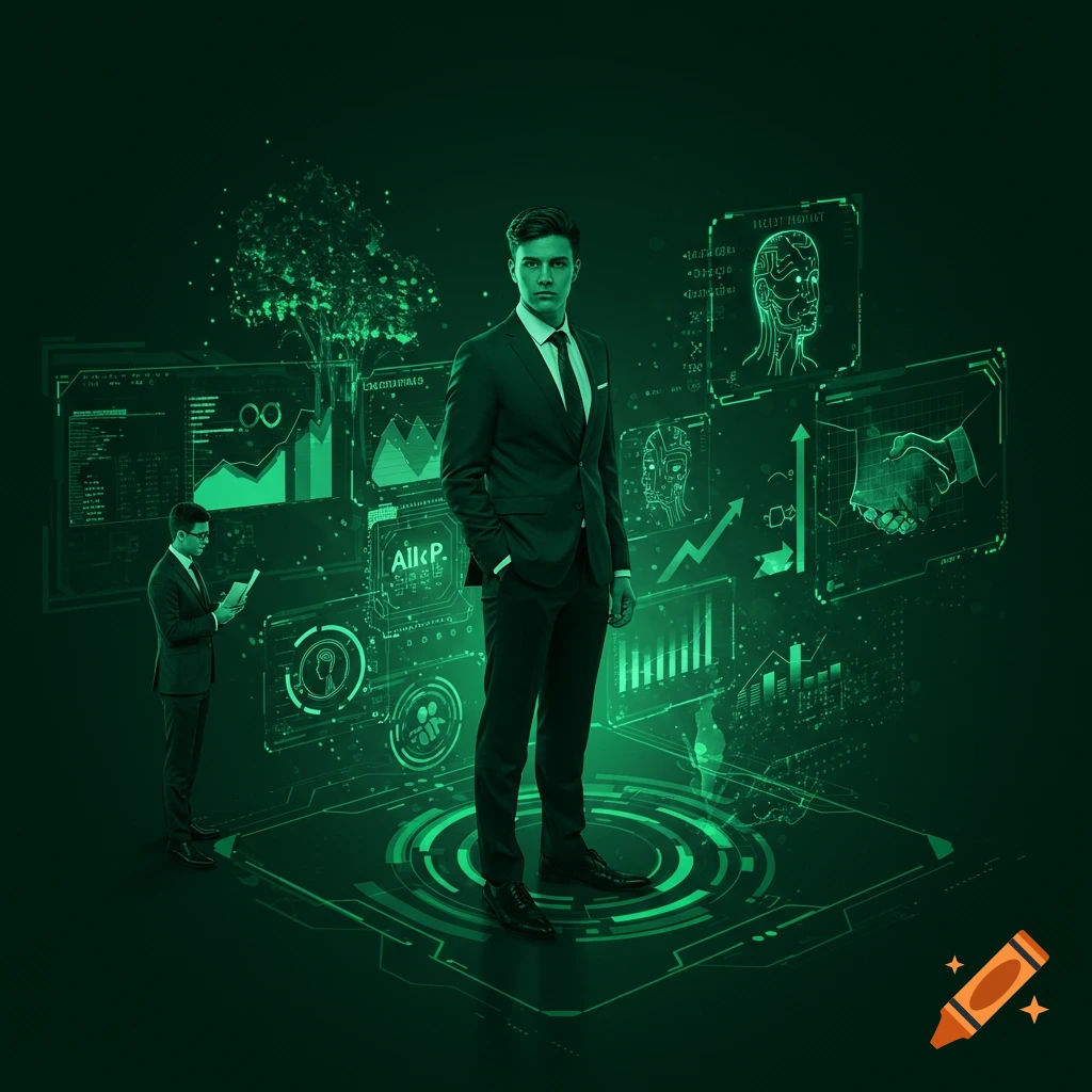 A confident consultant stands amidst glowing green digital holograms, data streams, and a handshake, symbolizing business growth and technology.