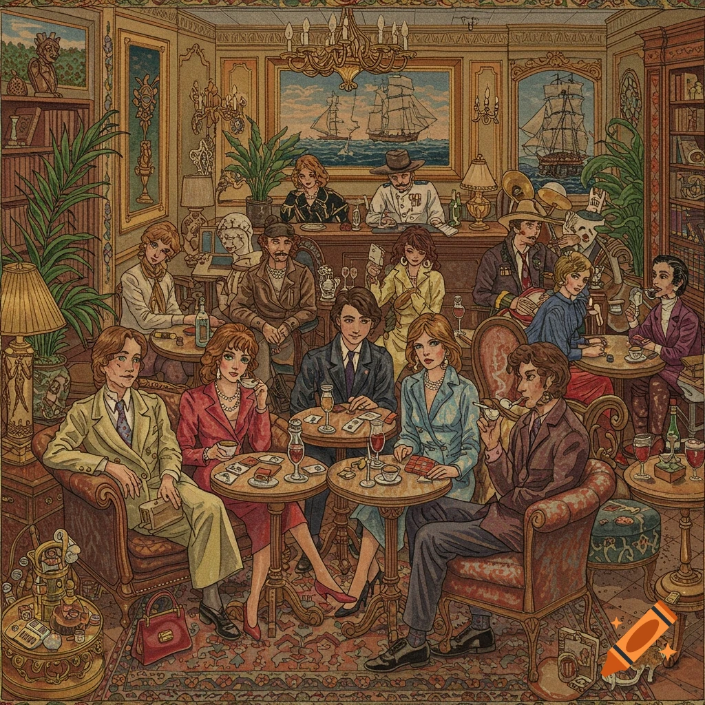 A detailed tapestry illustration of elegantly dressed friends socializing, drinking, smoking, and playing cards in a busy, ornate bar.
