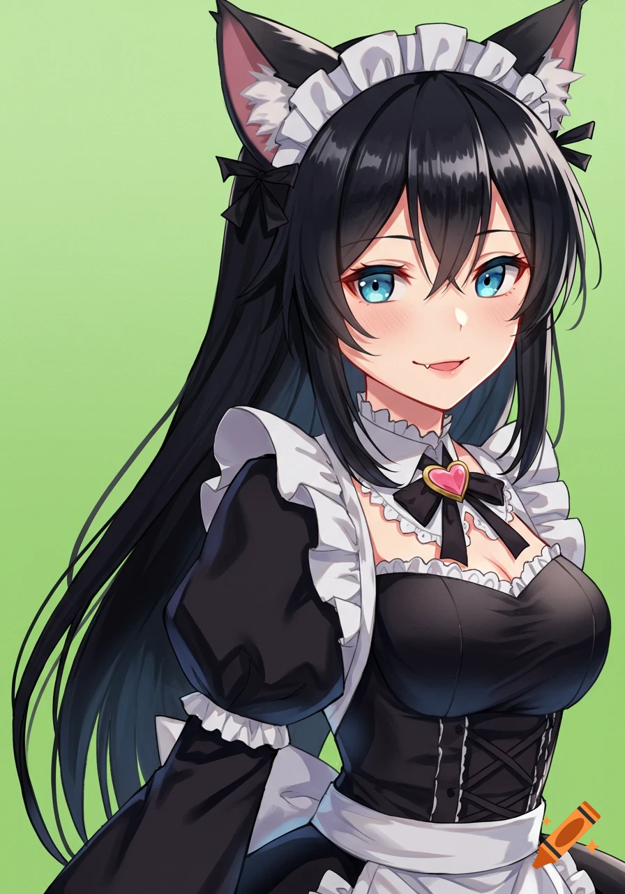Anime-style catgirl with black hair, blue eyes, and cat ears, wearing a maid outfit with a heart brooch, smiling mischievously against a green background.