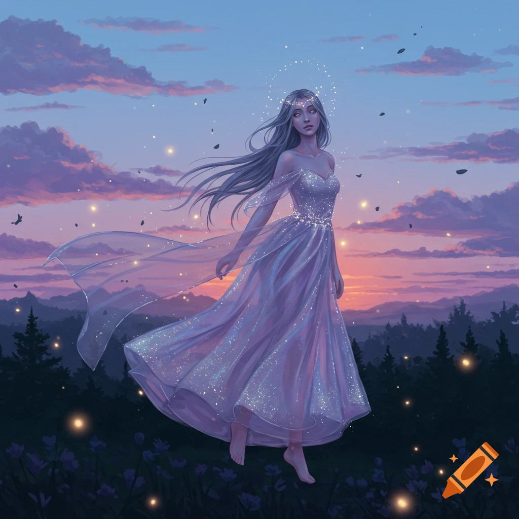 An ethereal woman in a sparkling gown floats above a dark forest at sunset, surrounded by glowing orbs.