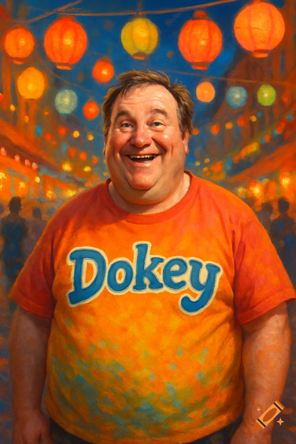 A smiling man in an orange t-shirt with "Dokey" printed on it, standing in front of a vibrant background of colorful lanterns at night.