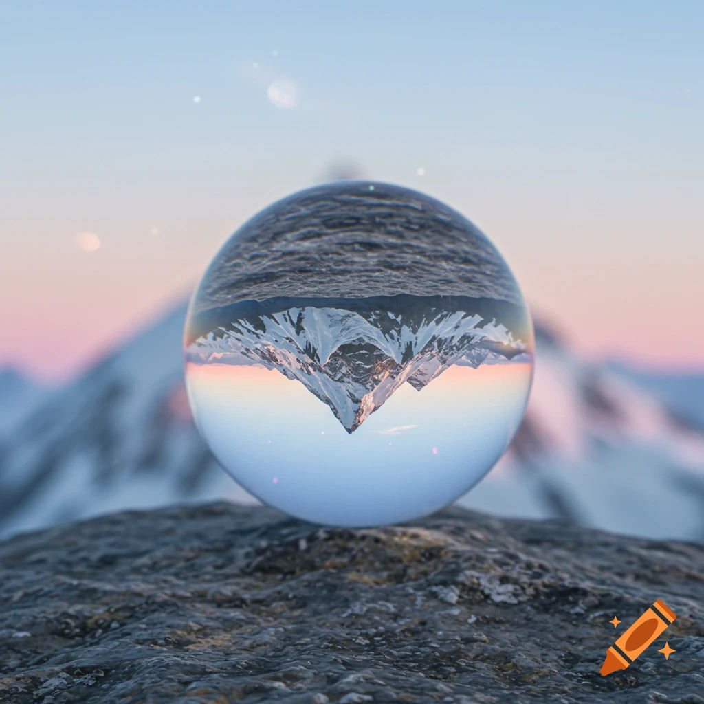 A crystal ball sits on a rock, reflecting an inverted snowy mountain range under a pastel sky, with blurred mountains in the background.