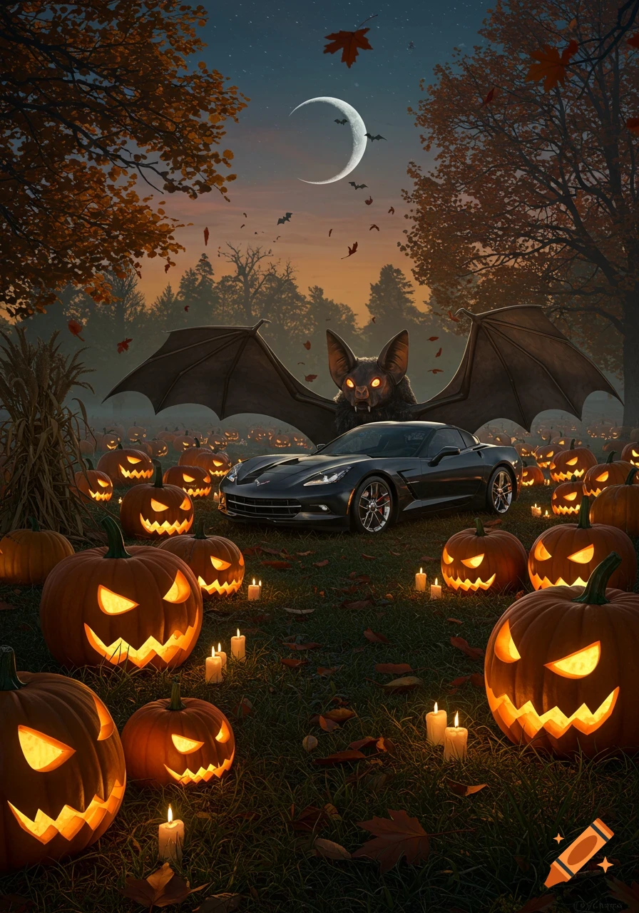 A photorealistic Halloween scene with a black sports car, giant bat creature, glowing pumpkins, and candles under a crescent moon at twilight.
