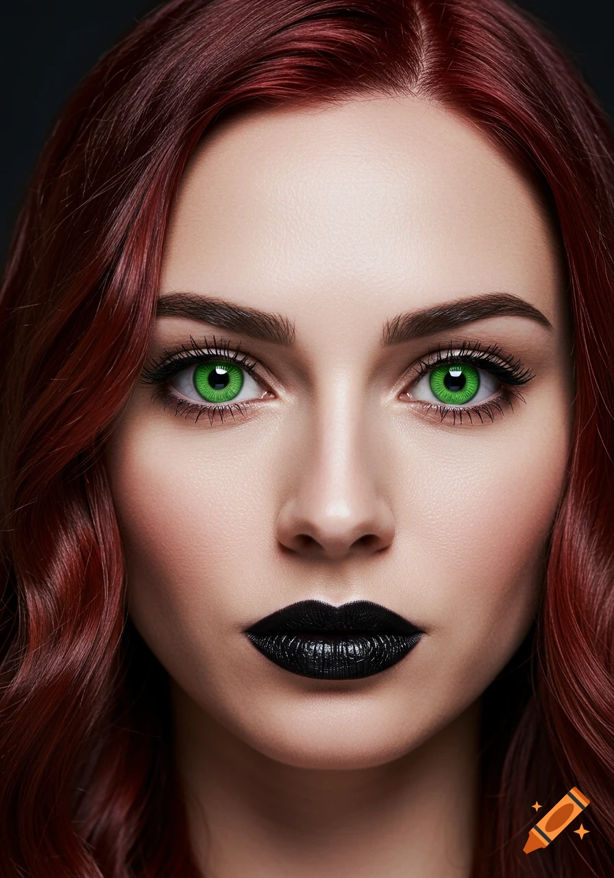 Close-up portrait of a woman with long red hair, intense green eyes, and black lipstick.