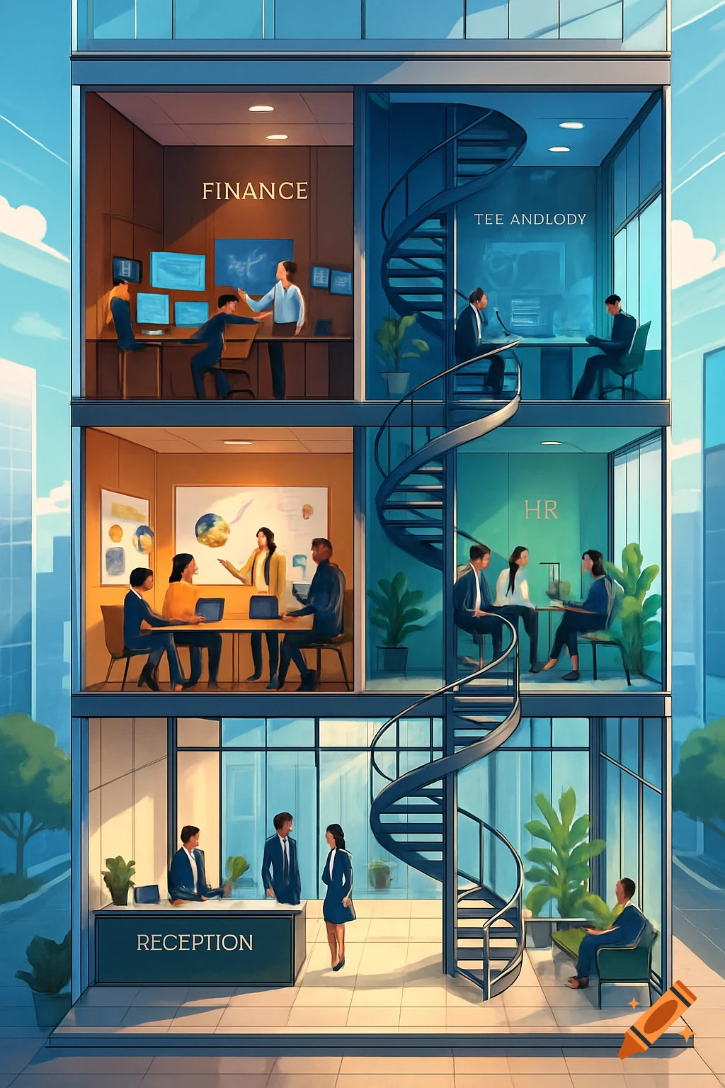 Illustrative cross-section of a multi-story modern office building, showing different departments like reception, HR, and finance.