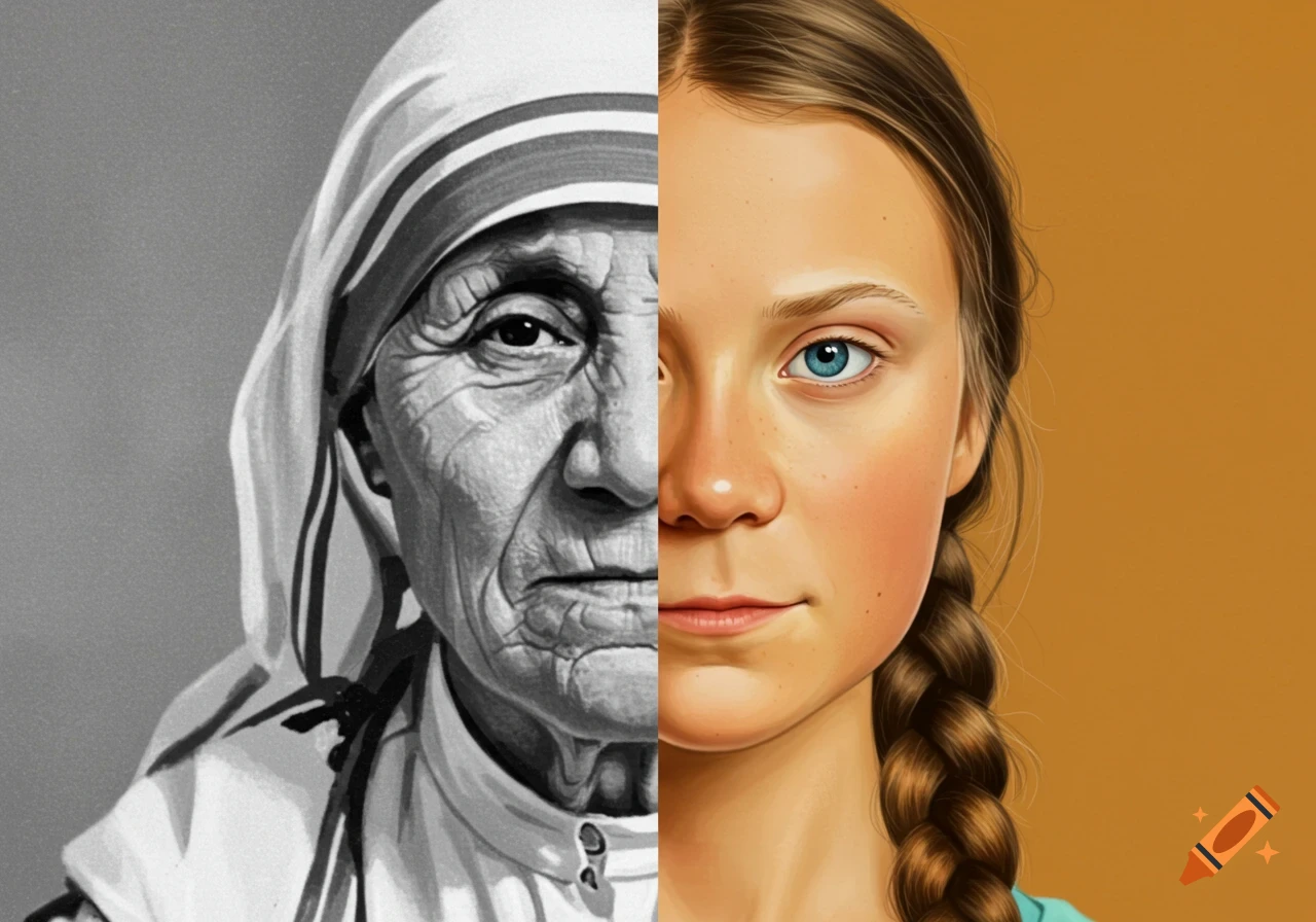 Split portrait. Left half is a grayscale drawing of Mother Teresa. Right half is a colored illustration of Greta Thunberg.