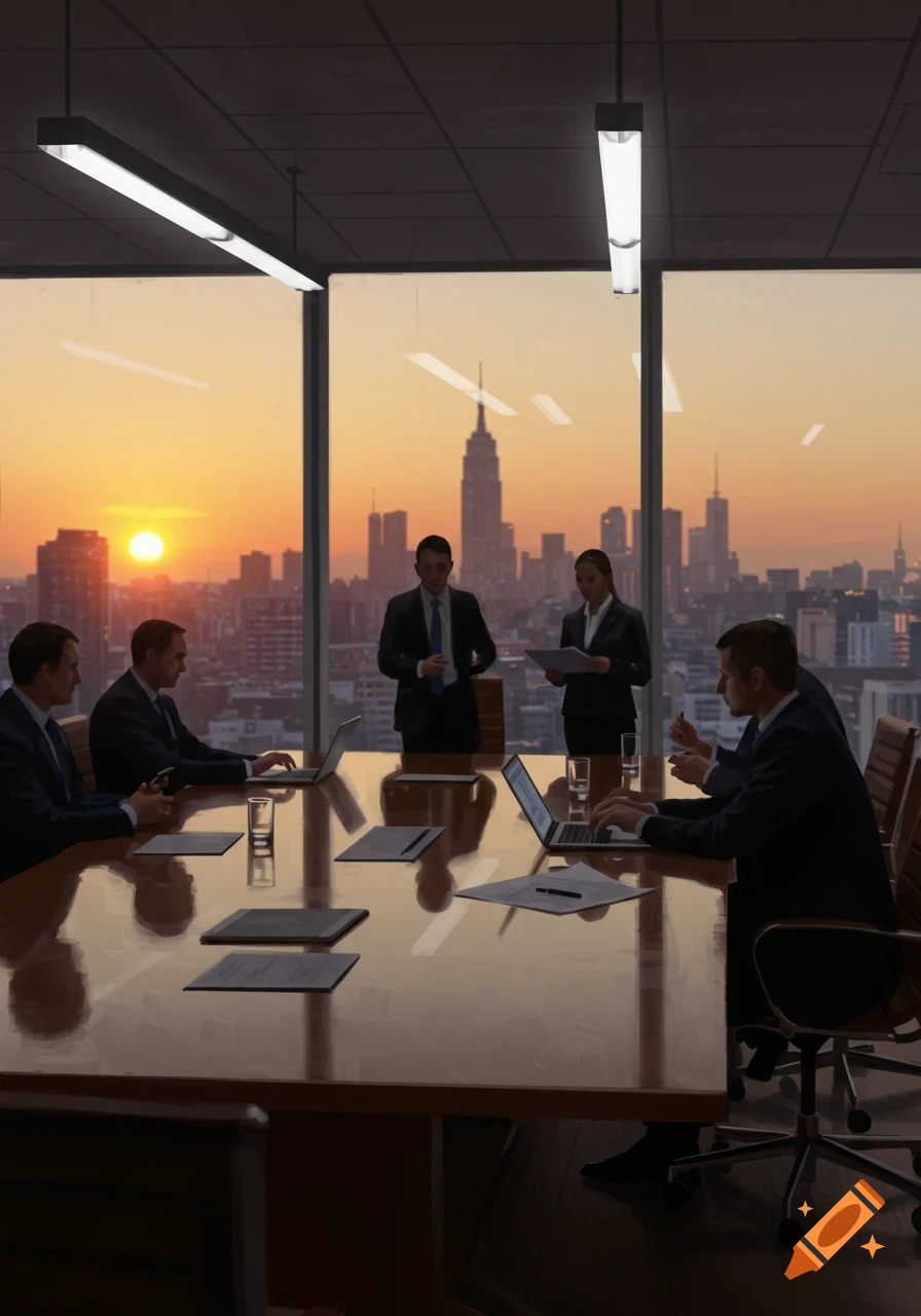 Business people in a modern office meeting room overlooking a city skyline at sunset.