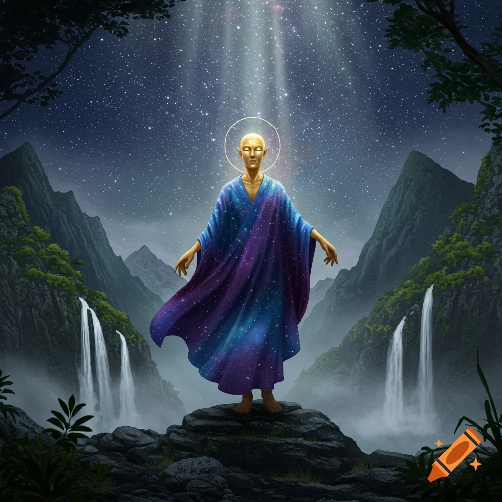 Golden figure in a cosmic robe with a halo stands on a rock in a mountainous landscape with waterfalls under a starry night sky. Fantasy art.