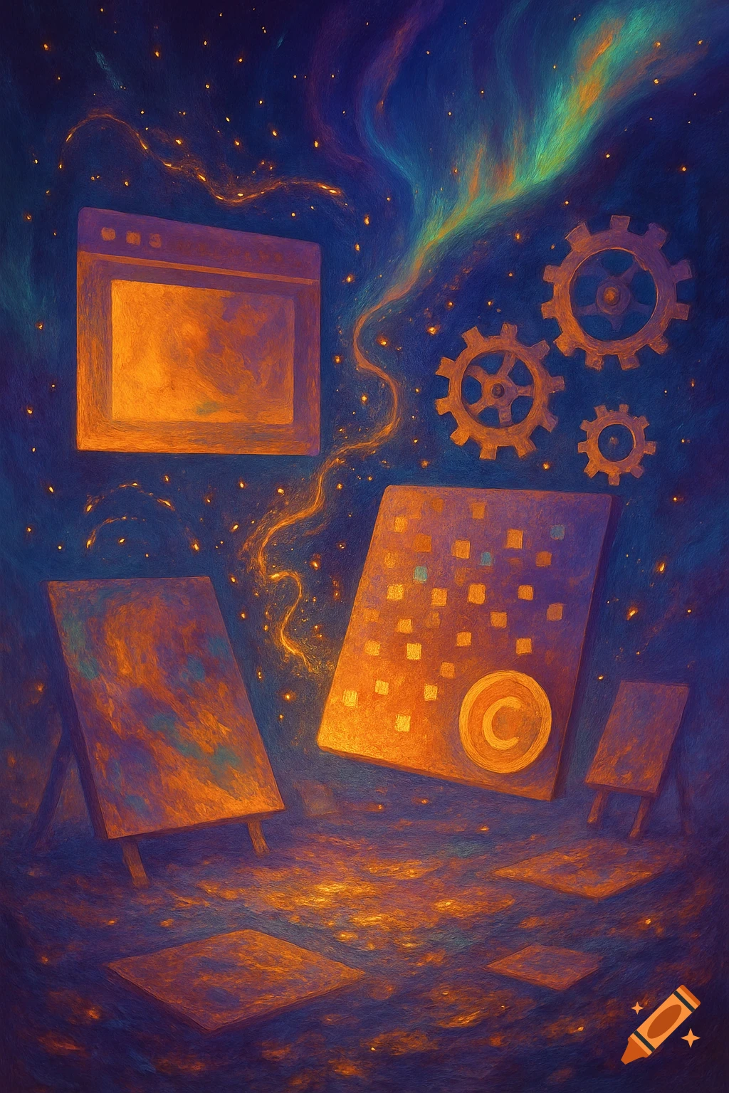 An abstract, painterly image featuring a browser window, gears, and various panels with a glowing 'C' symbol, all set against a starry, nebula-like background in shades of blue, orange, and green.