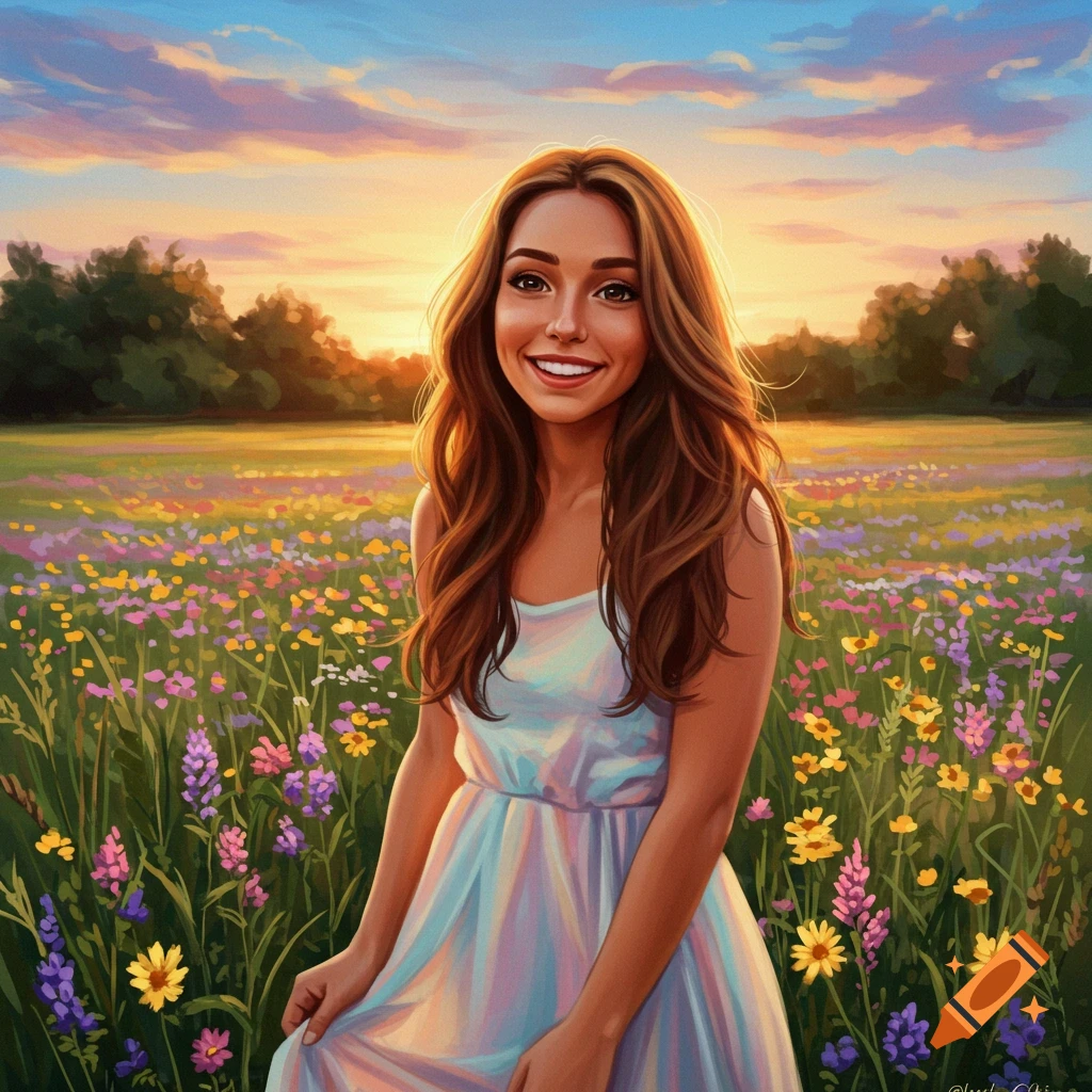 A smiling young woman in a white dress stands in a field of colorful wildflowers at sunset, rendered in a digital painting style.