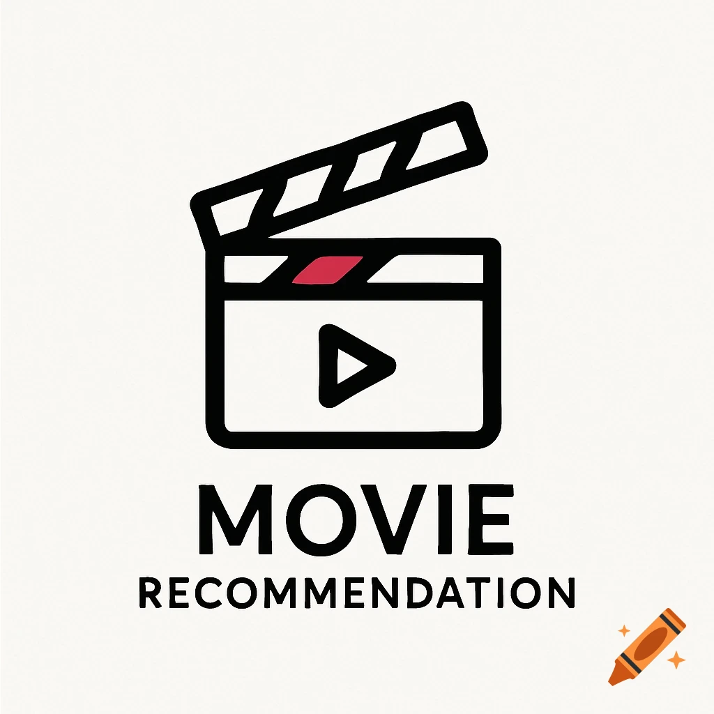 A minimalist logo with a black outline of a movie clapperboard and a play button icon, above the text "MOVIE RECOMMENDATION".