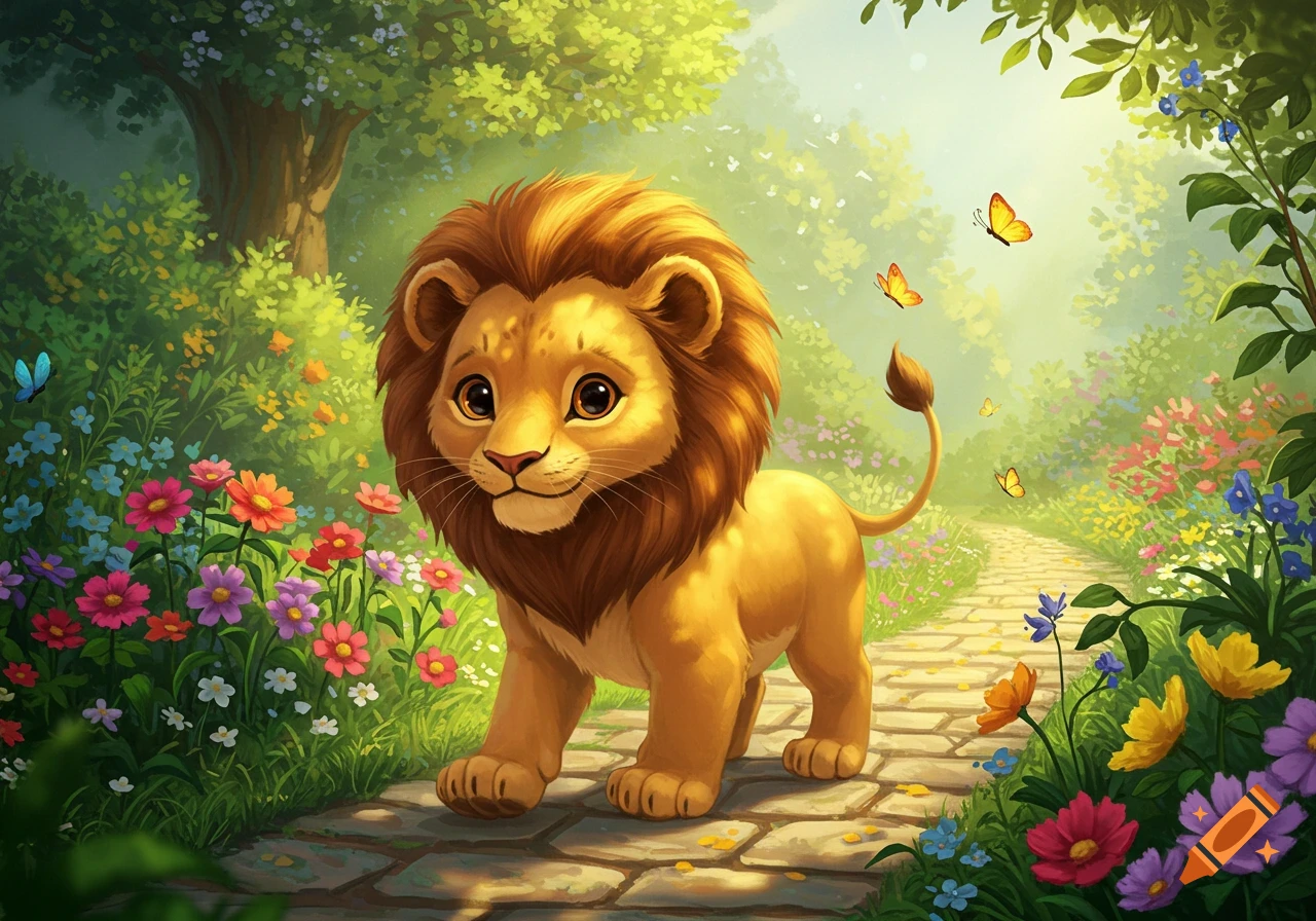 A cute, fluffy baby lion walks on a garden path with colorful flowers and butterflies in a vibrant cartoon illustration.