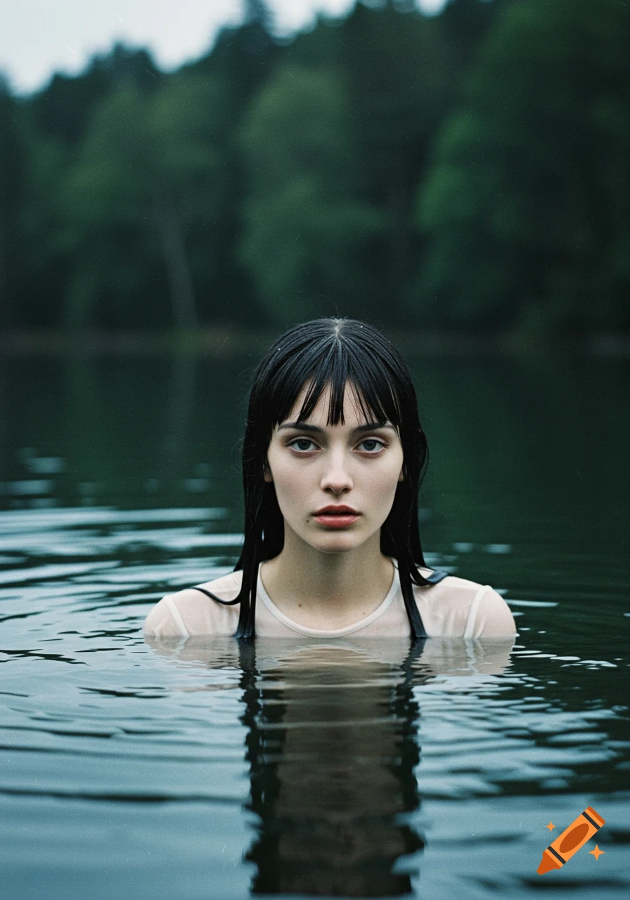 Photorealistic portrait of a pale woman with dark bangs and wet hair standing in a dark lake, with a forest in the background.