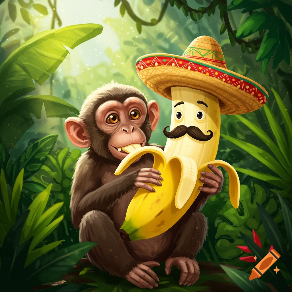 A grinning cartoon monkey eats a banana with a face, mustache, and sombrero, set in a vibrant jungle.