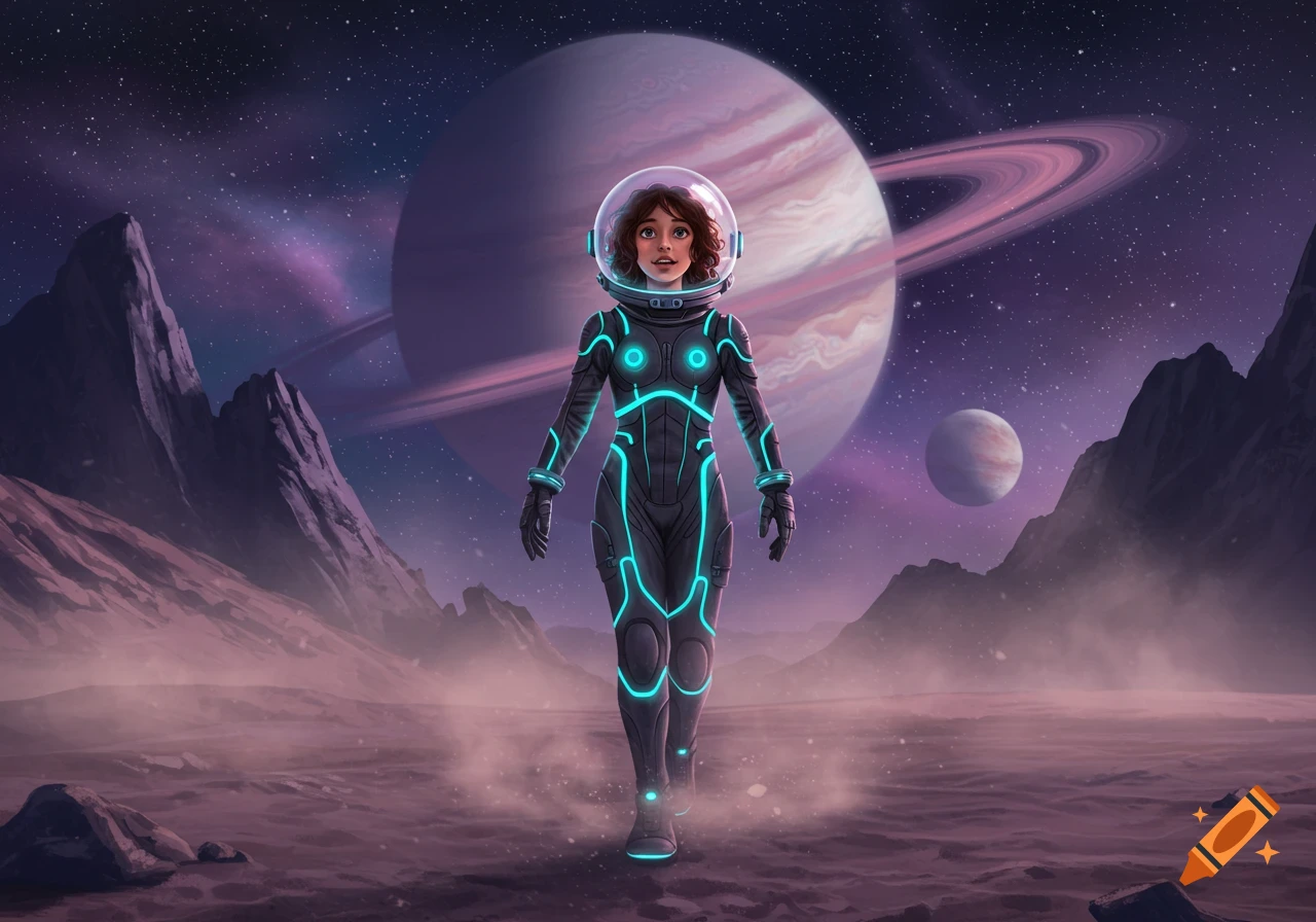 A tween girl in a futuristic spacesuit walks on an alien planet, with a large ringed planet and stars in the background. Digital art.