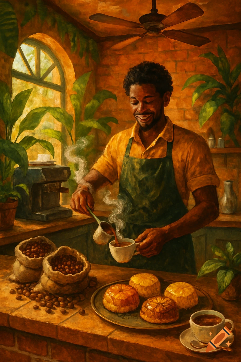 Smiling Black man in an apron pours coffee in a warm, painterly kitchen with plants, coffee beans, and pastries.