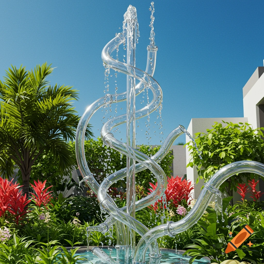 A modern, sculptural fountain made of clear, curved tubes with water flowing, set in a lush garden under a blue sky.