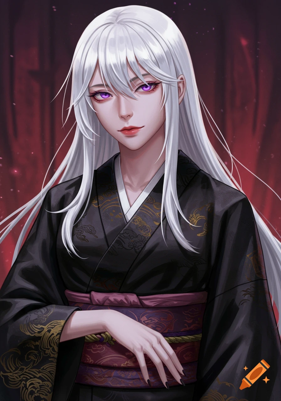 Anime portrait of a woman with long silver hair and purple eyes, wearing a black kimono with gold patterns.