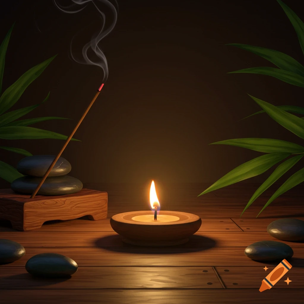 A serene still life with a lit candle, smoking incense stick, and smooth stones on a wooden table with green leaves.
