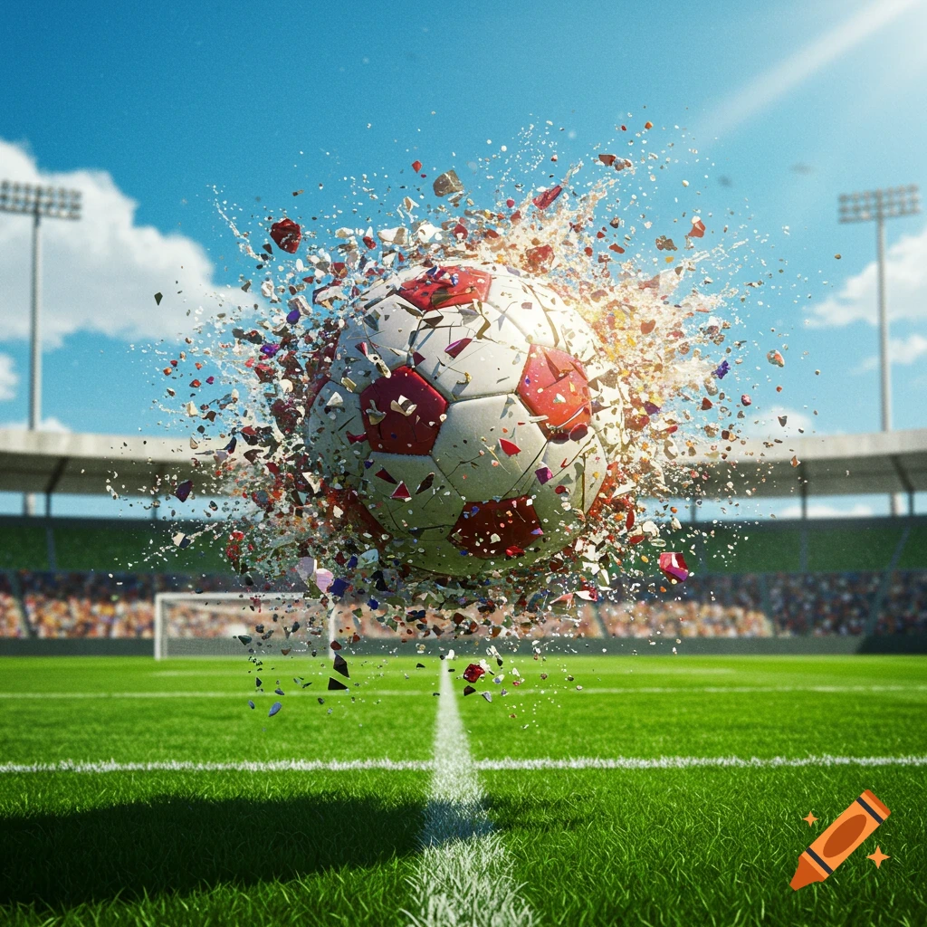 A photorealistic exploding soccer ball amidst colorful fragments in a stadium with green grass under a bright sky.