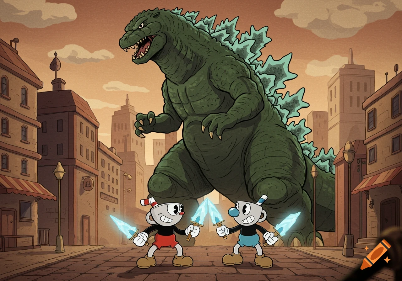 A large green Godzilla looms over Cuphead and Mugman, who stand on a city street holding glowing swords in a cartoon style.