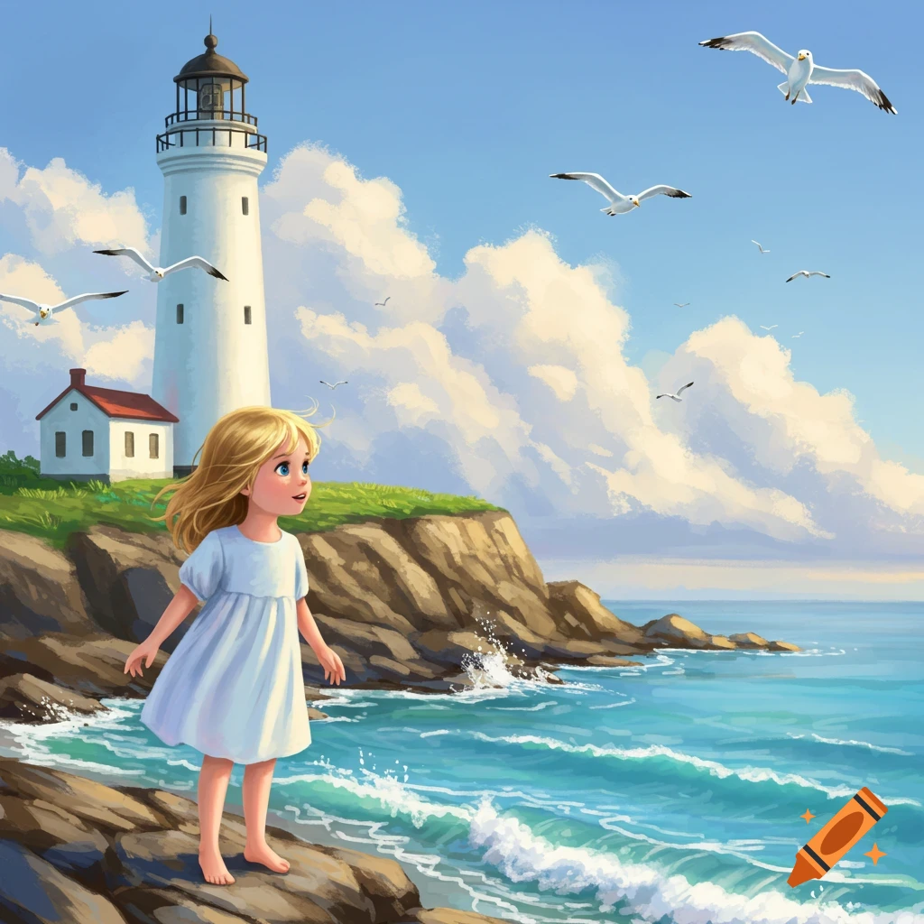 A cute blonde girl in a white dress stands barefoot on rocks by a lighthouse and the sea, looking up at seagulls in a bright, illustrative style.