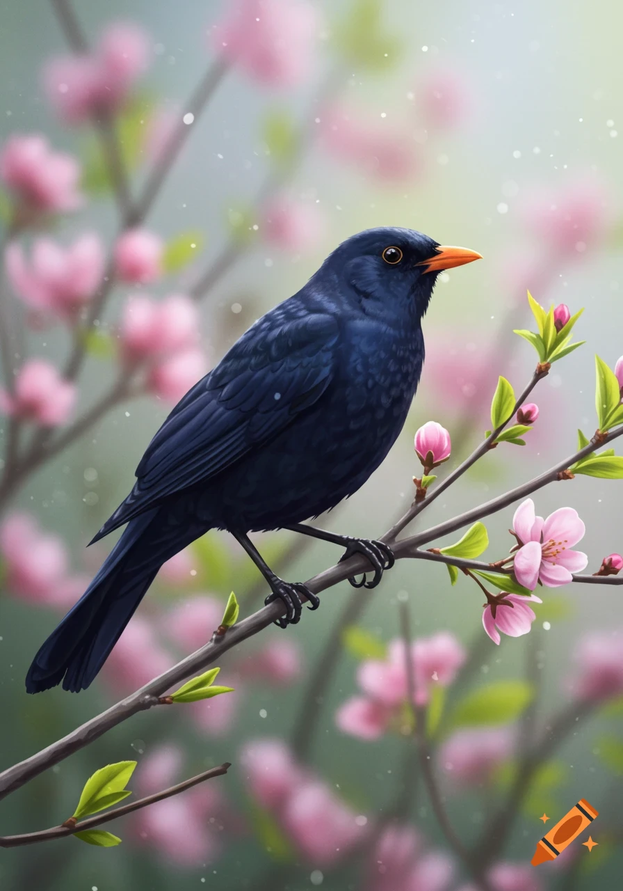 An illustration of a blackbird with an orange beak perched on a branch surrounded by pink cherry blossoms.