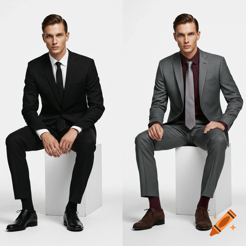 Two men in photorealistic studio shots, one in a black suit, one in a grey suit, sitting on white cubes.