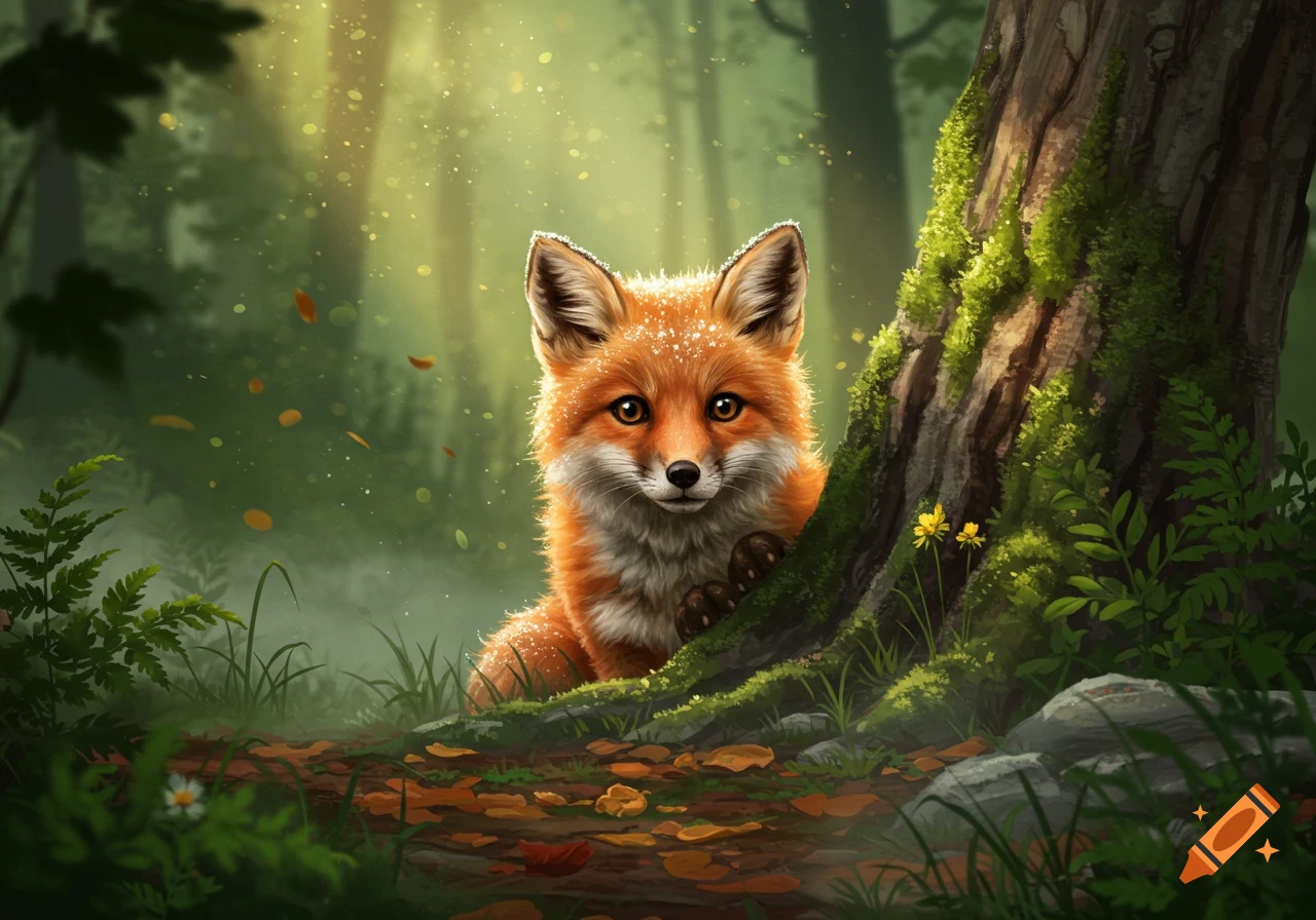 A cute orange fox with bright eyes peeks from behind a mossy tree in a sun-dappled forest, digital painting style.