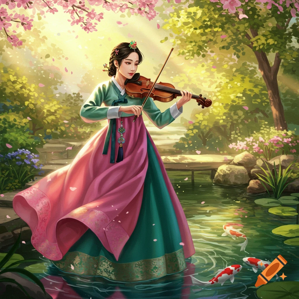 A woman in a vibrant hanbok plays violin in a lush, blossom-filled garden with koi fish in a pond. Digital painting.
