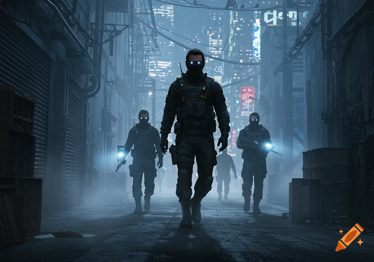 Three armed figures in tactical gear with glowing blue eyes patrol a misty, dark cyberpunk city alley at night, with illuminated skyscrapers.