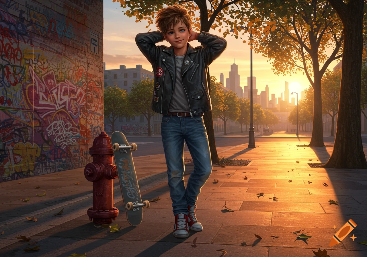 A cartoon boy with spiky brown hair, wearing a black leather jacket and jeans, stands in a city street at sunset with a skateboard.