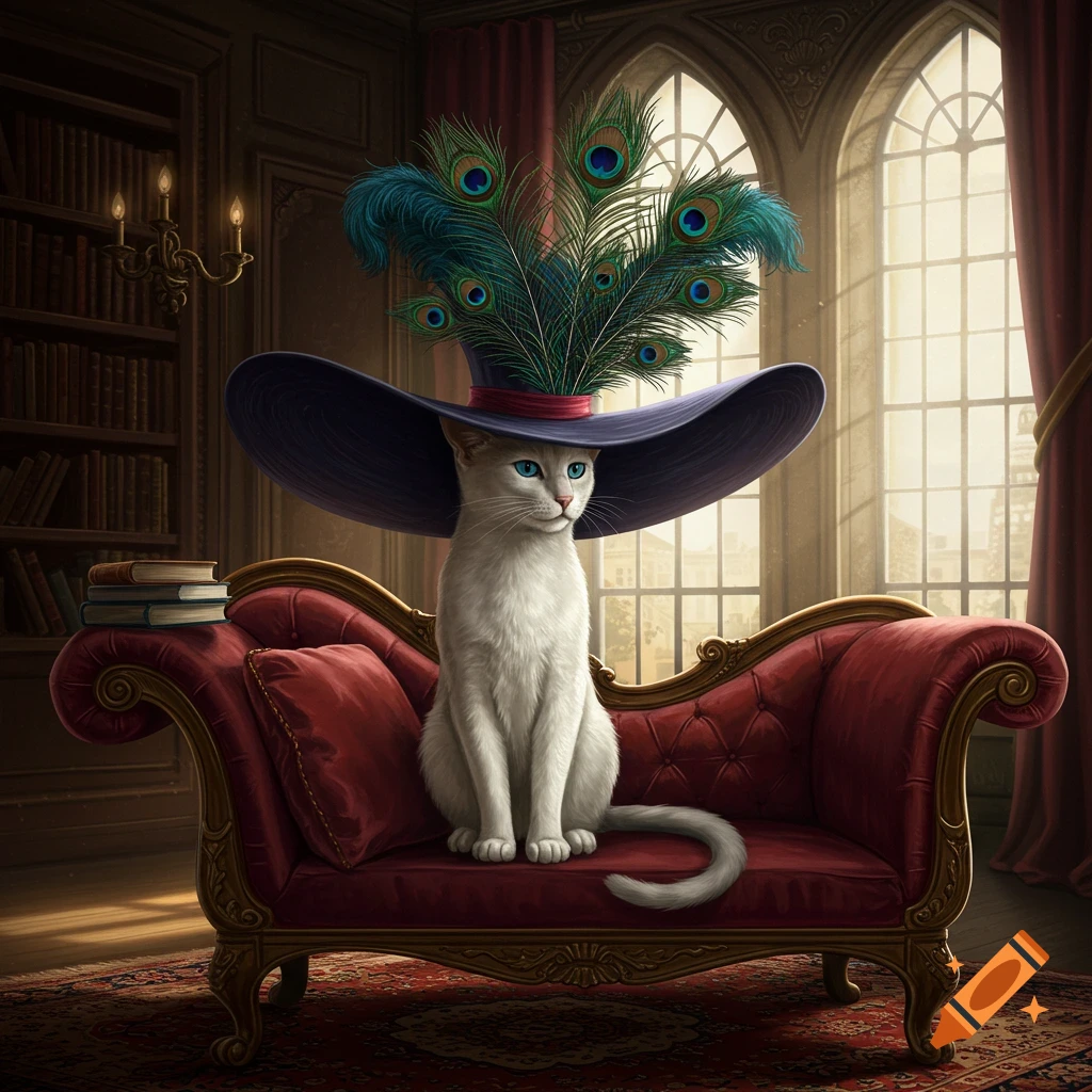 A white cat in a large blue hat with peacock feathers sits on a red velvet chaise lounge in a stately room.