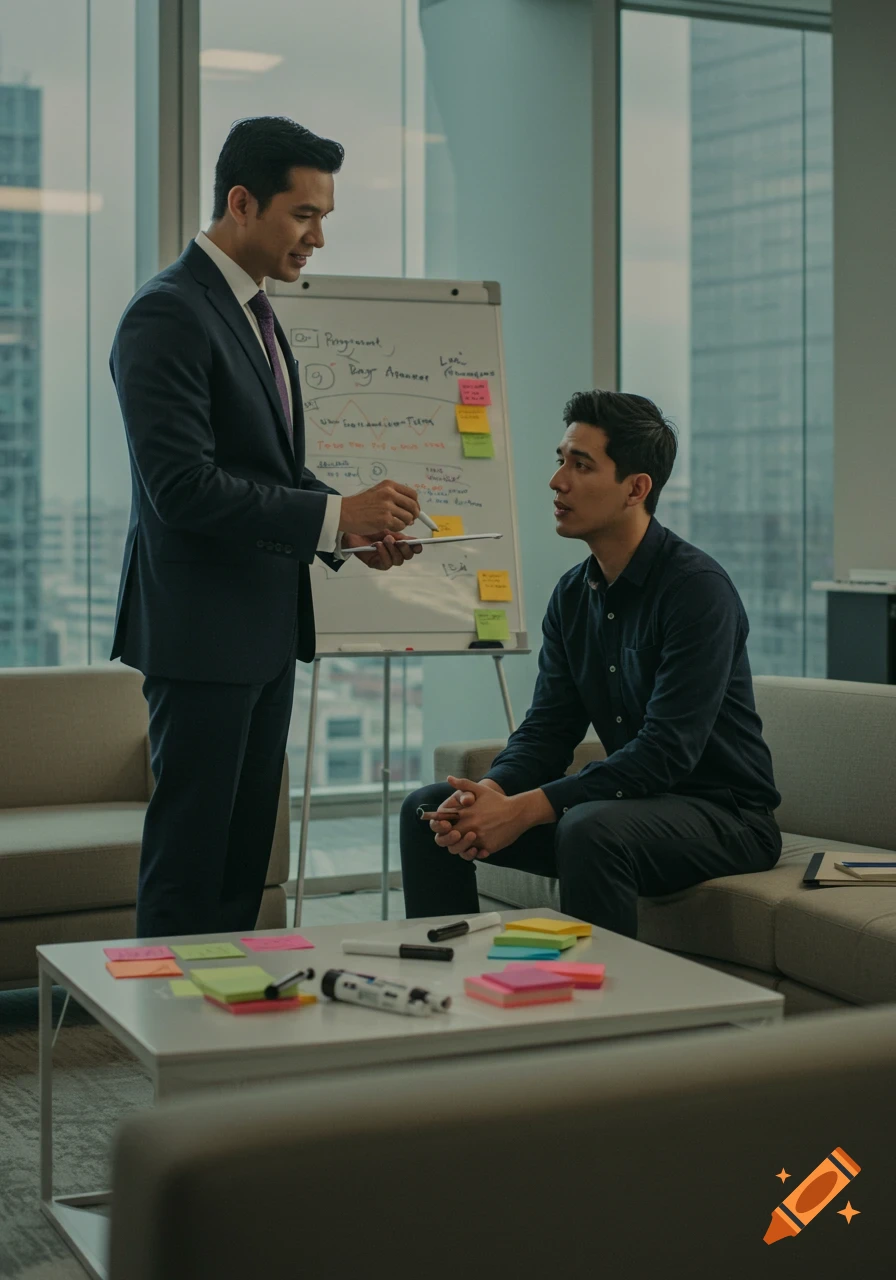Two professional men in a modern office discussing, one standing with a tablet and marker, the other seated, with a whiteboard behind them.