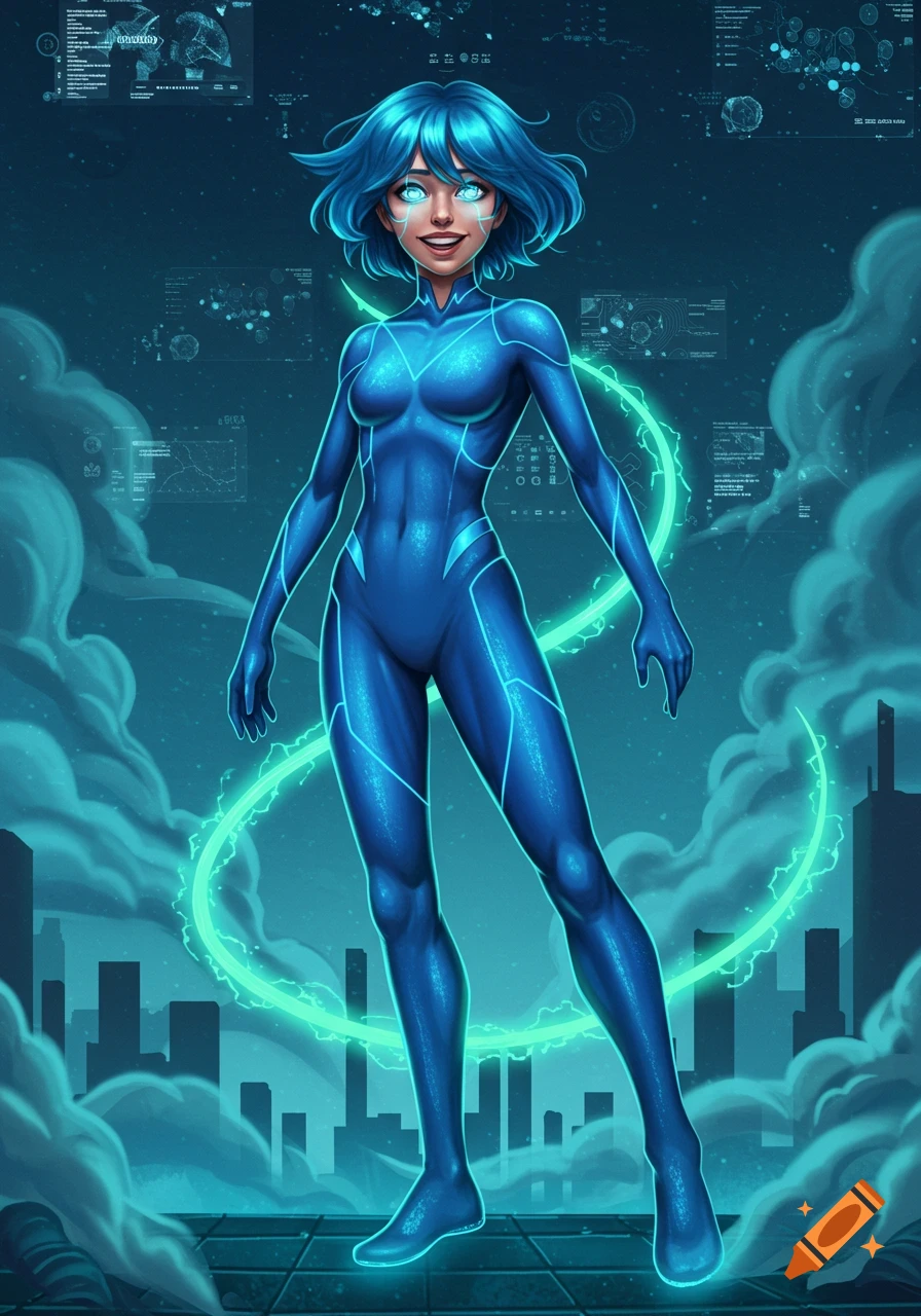 A blue-skinned superhero girl with glowing eyes and short blue hair, wearing a form-fitting blue suit, stands with green energy and data screens.