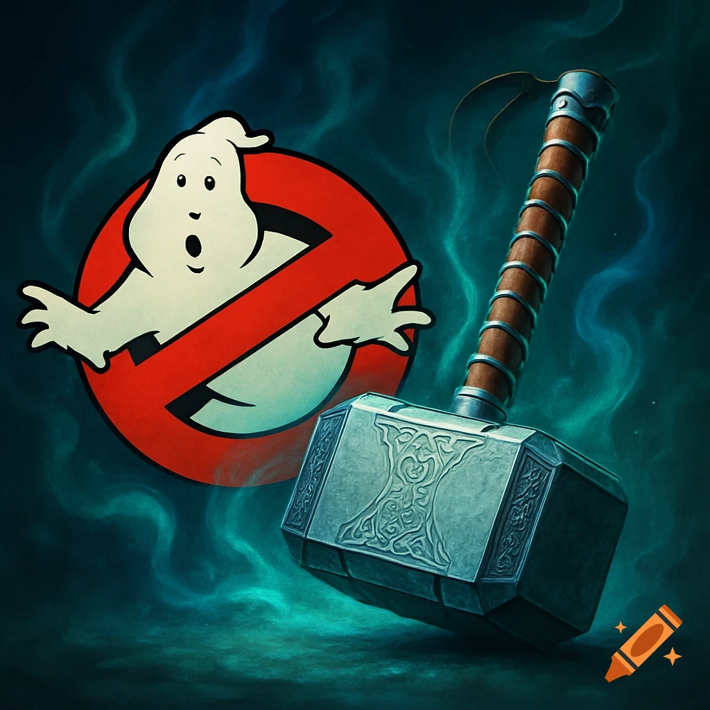 Ghostbusters logo with a cartoon ghost inside a red circle with a slash, next to Thor's Mjolnir hammer on a smoky blue-green background.