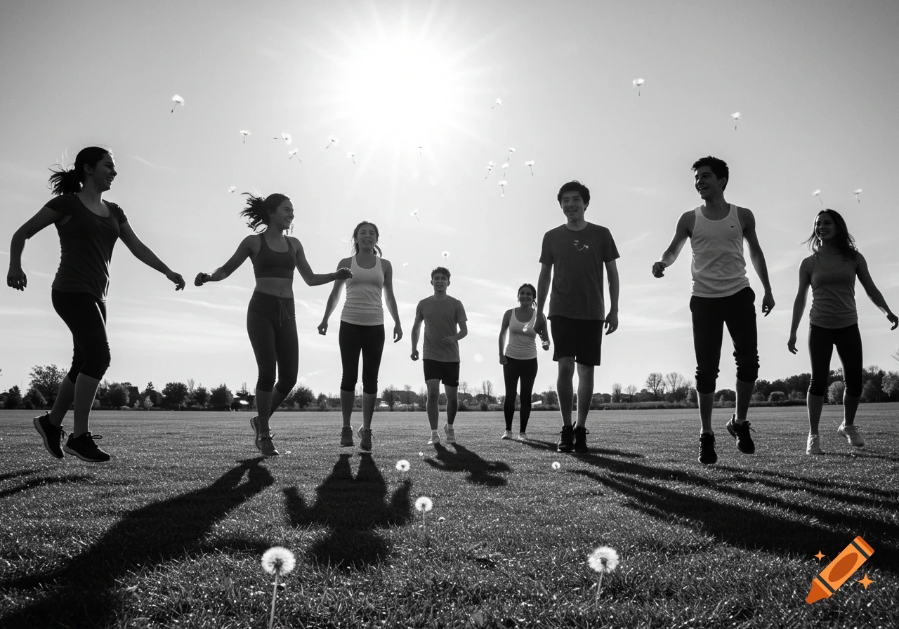 Black and white photo of a group of young adults jumping and smiling in a sunny grassy field, with dandelion seeds floating in the air.
