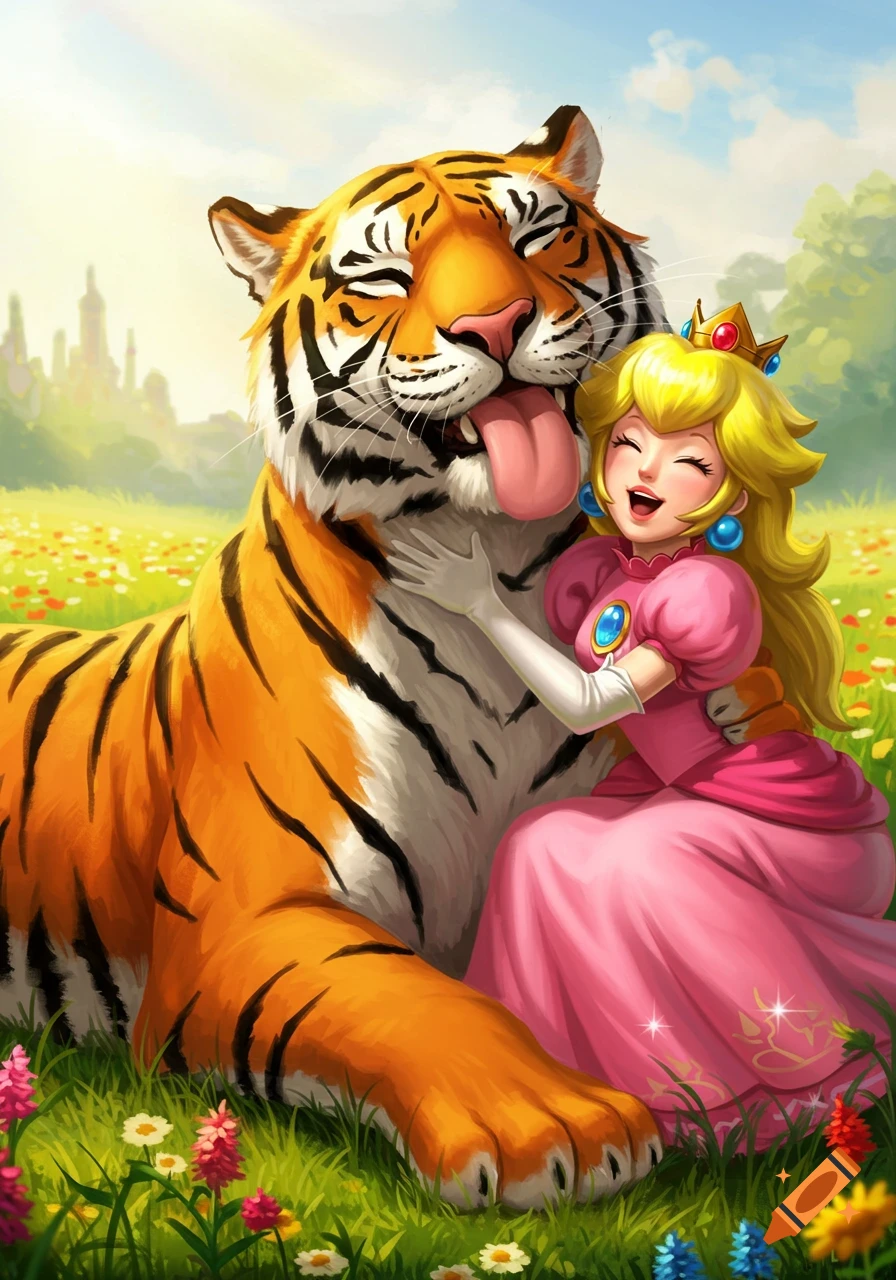 Princess Peach hugs a large tiger that licks her face in a sunny, flower-filled field with a castle in the background.