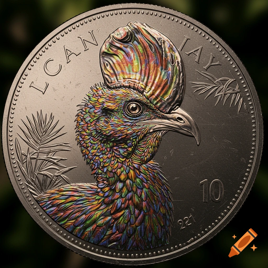 Close-up of a coin with a detailed, vibrantly colored cassowary head and neck, surrounded by text and numbers on the coin's rim.