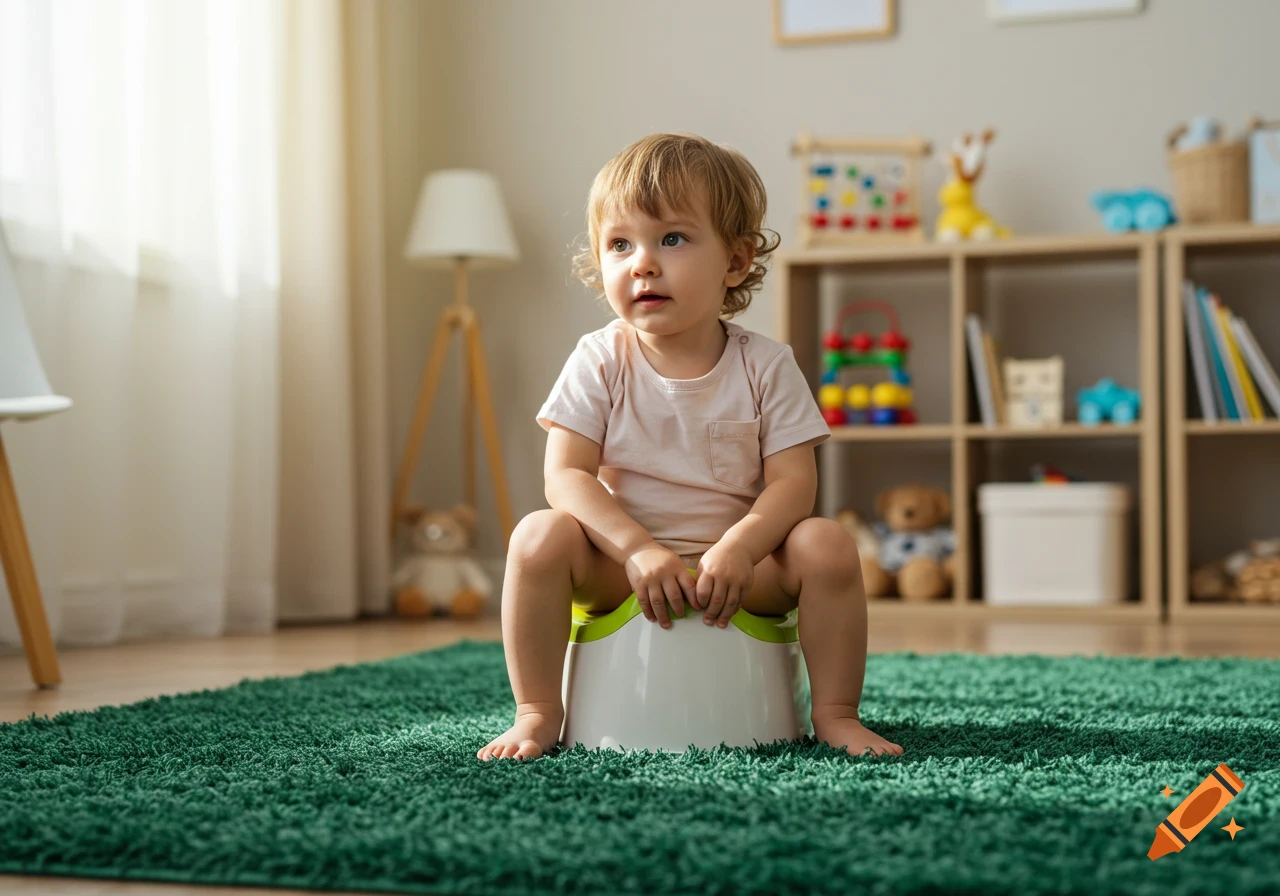 Toddler with blonde hair sitting on a potty on a green rug in a bright room with toys.