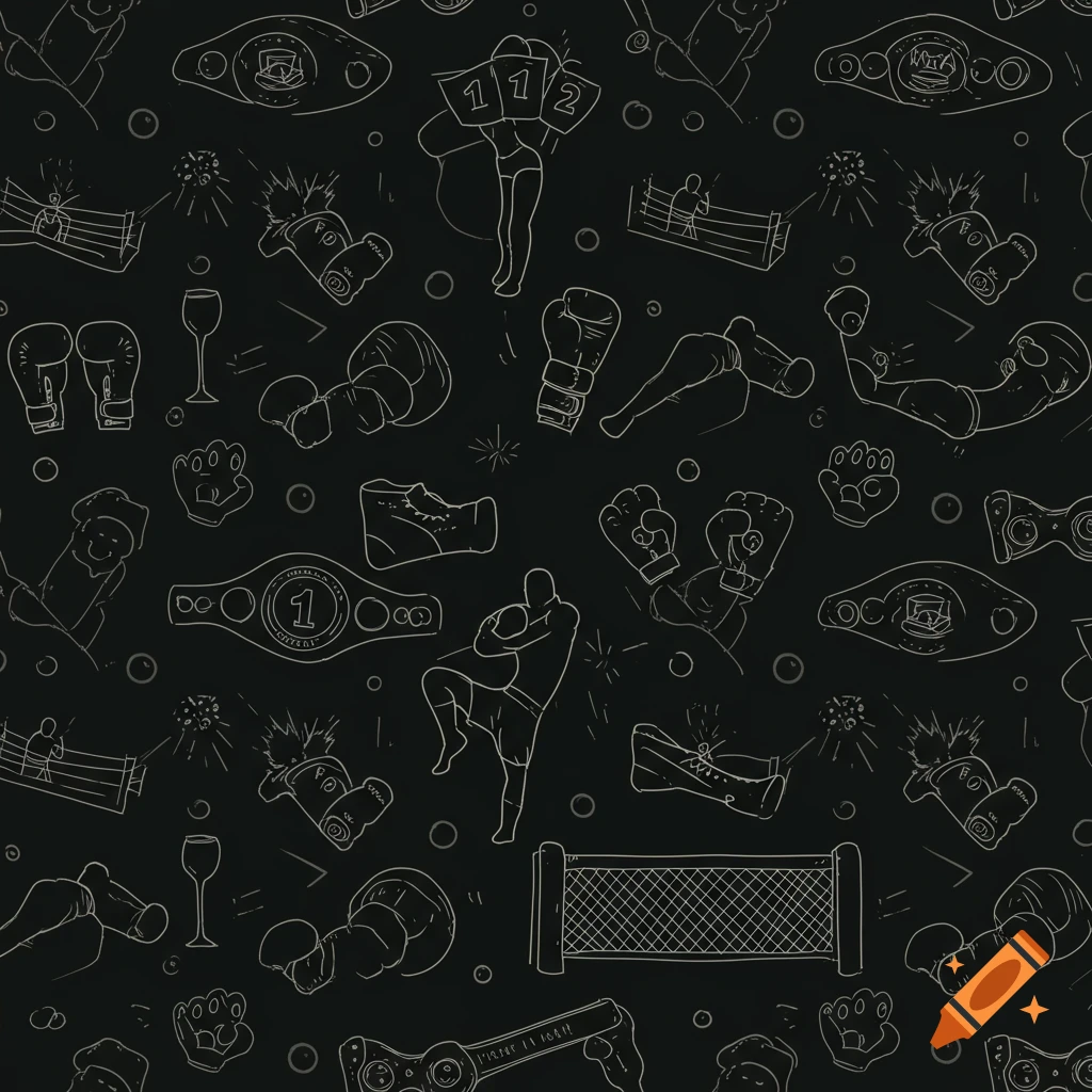 Seamless tiled pattern of minimalist white line art doodles on a dark background, featuring combat sports elements like boxing gloves, championship belts, and fighters.