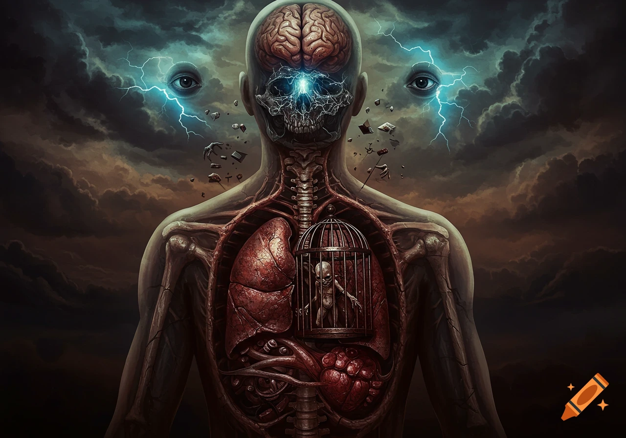 A dark, surreal image of a human torso with exposed internal organs. A skull-like brain, a caged creature in the chest, and electric eyes float above a stormy sky.