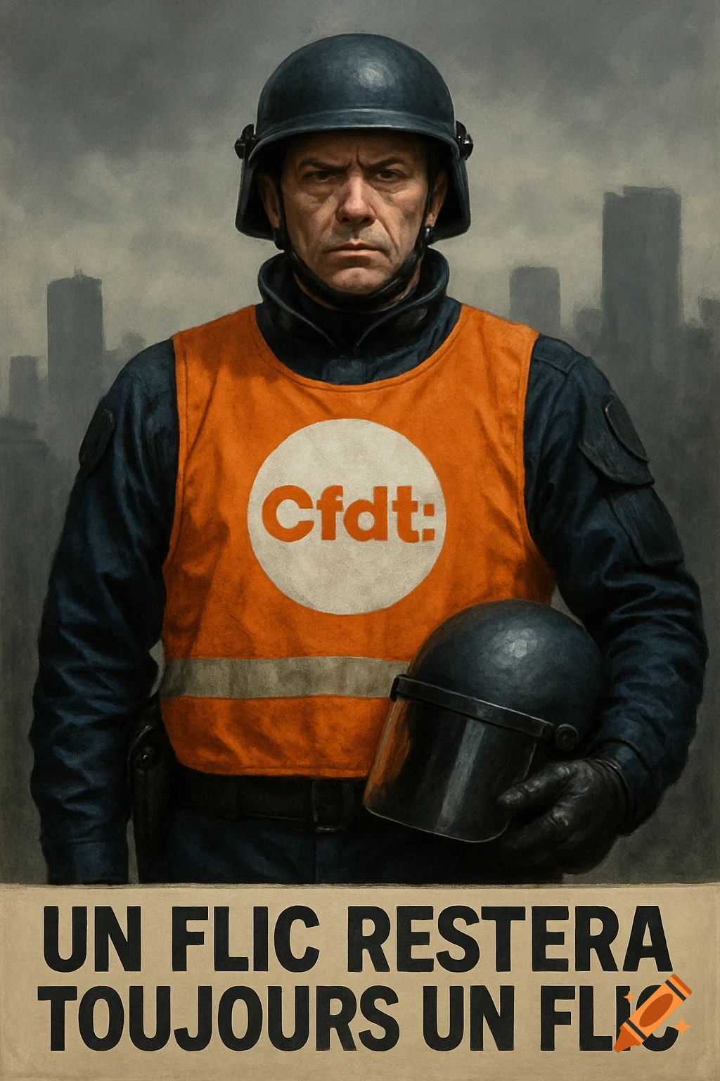 A serious man in a dark uniform and riot helmet wears an orange vest with 'Cfdt:' and holds a second helmet. Below, a banner reads 'UN FLIC RESTERA TOUJOURS UN FLIC' against a blurry cityscape, in a gritty art style.