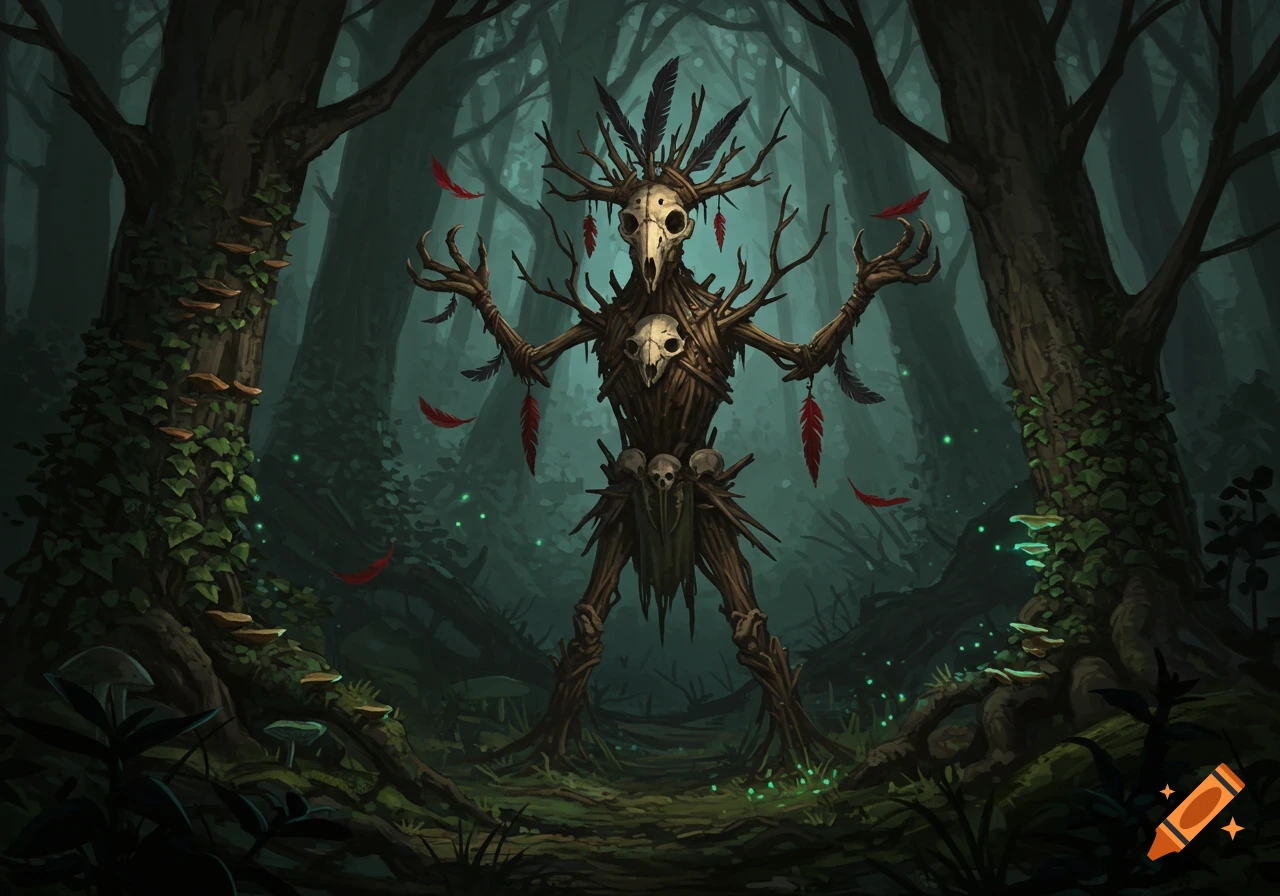 A spooky, gnarled totem made of branches, animal skulls, and red feathers stands in a dark, misty forest, with glowing green lights and mushrooms.