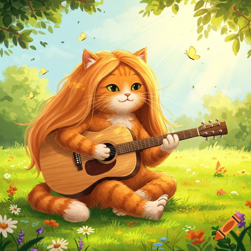 A cute cartoon ginger cat with long hair sits in a grassy field, happily playing an acoustic guitar.