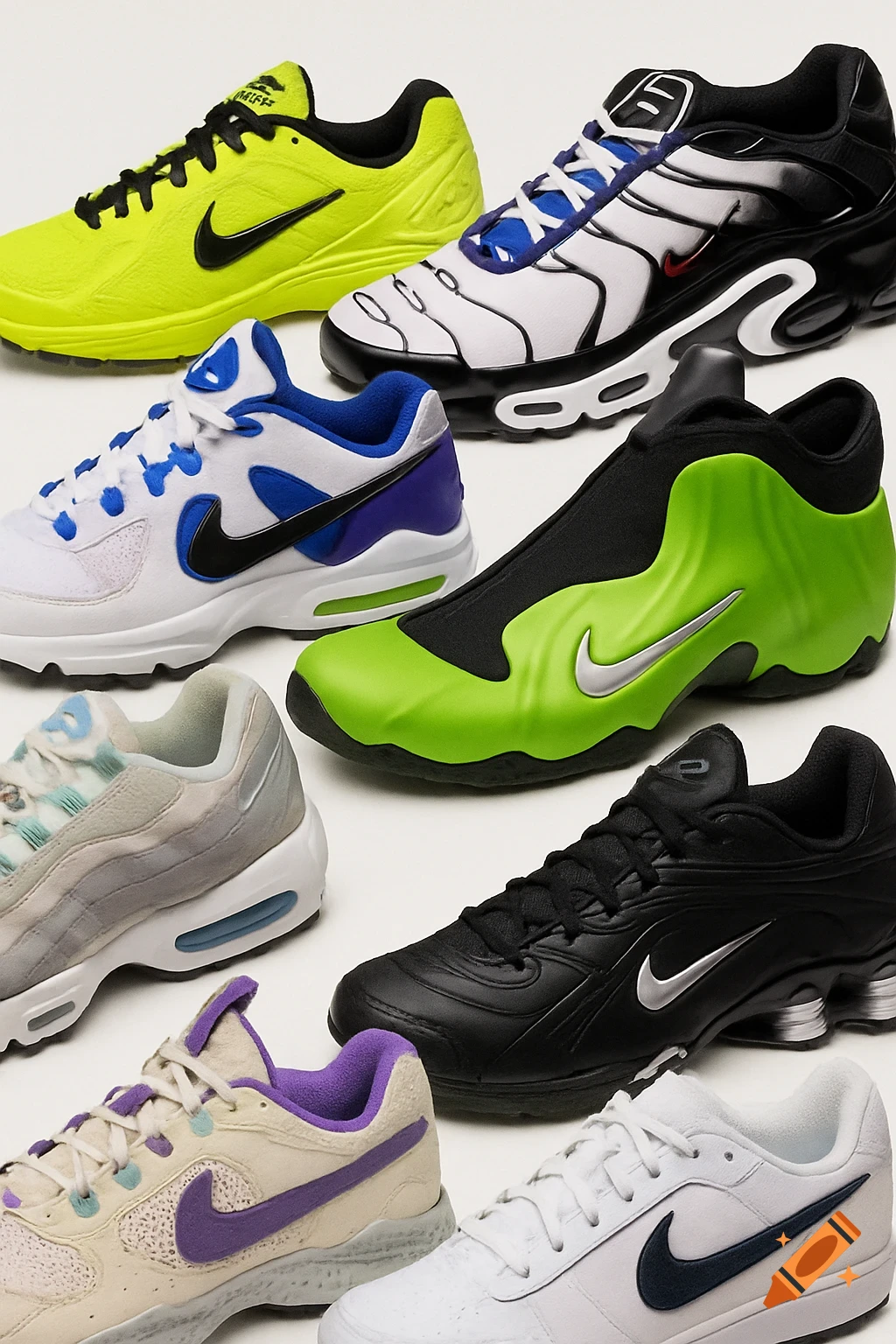 A flat lay image displaying multiple colorful Nike sneakers from the 90s and 2000s era on a white background.