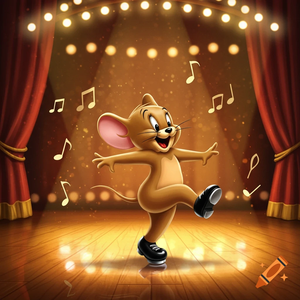 Jerry Mouse tap dancing on a spotlighted stage with red curtains and musical notes floating around.