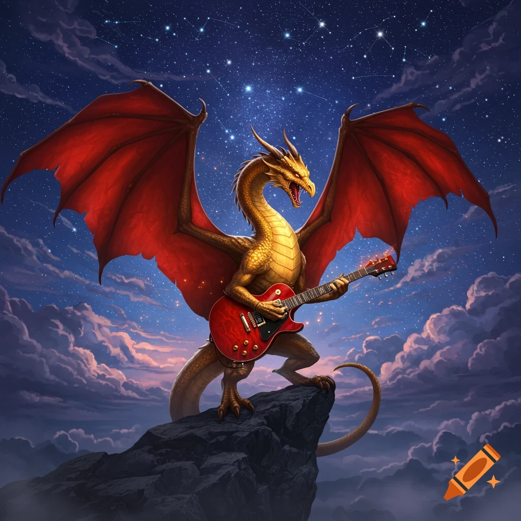 Golden dragon with red wings on a rock, playing a red electric guitar under a starry night sky.